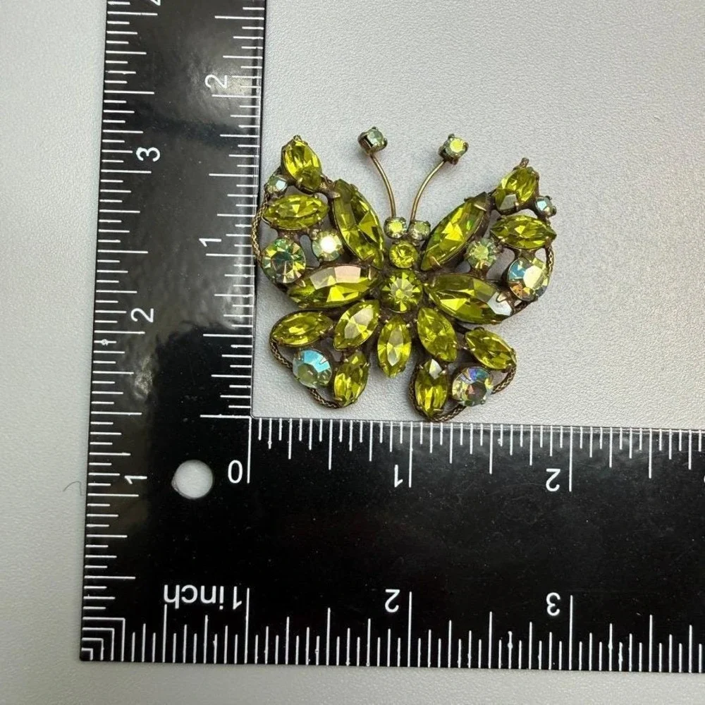 Vintage Regency Rhinestone‎ Butterfly Brooch Green Uranium Glass MCM Signed